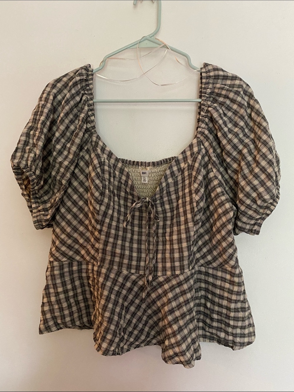 bp Plaid Peasant Top in Beige and Black